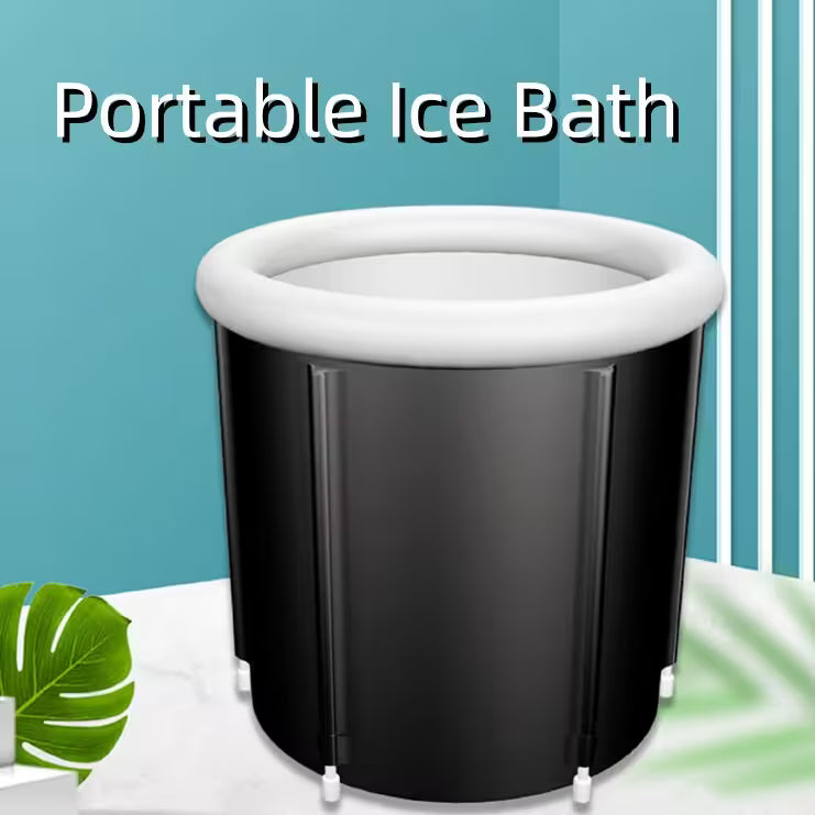 Black portable ice bath with white rim on a blue background