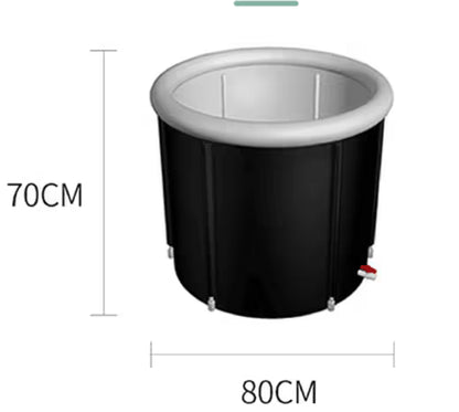 Black inflatable bathtub with dimensions on a white background