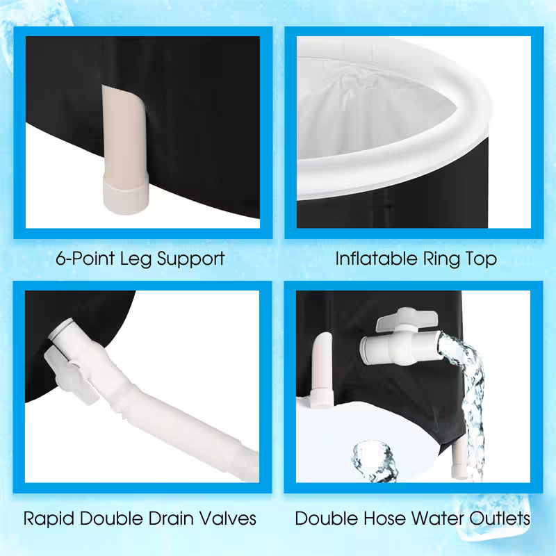 Collage of features including 6-point leg support, inflatable ring top, rapid double drain valves, and double hose water outlets on a blue background.
