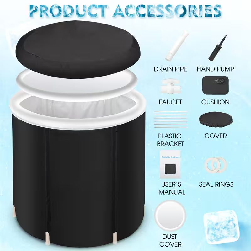 Black and white product with labeled accessories on a light blue background
