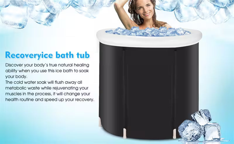 Recovery ice bath tub with a woman partially submerged, surrounded by ice cubes on a blue background.