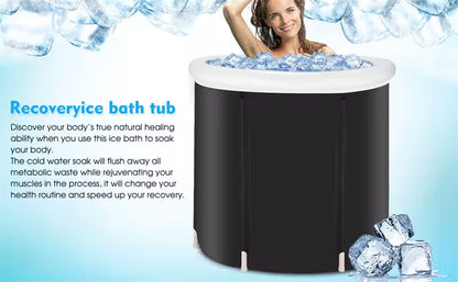 Recovery ice bath tub with a woman partially submerged, surrounded by ice cubes on a blue background.