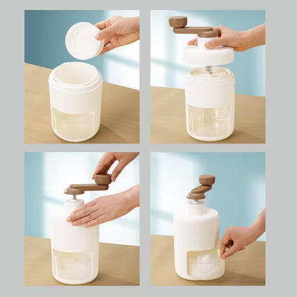 Step-by-step assembly of a kitchen appliance with hands performing each action.