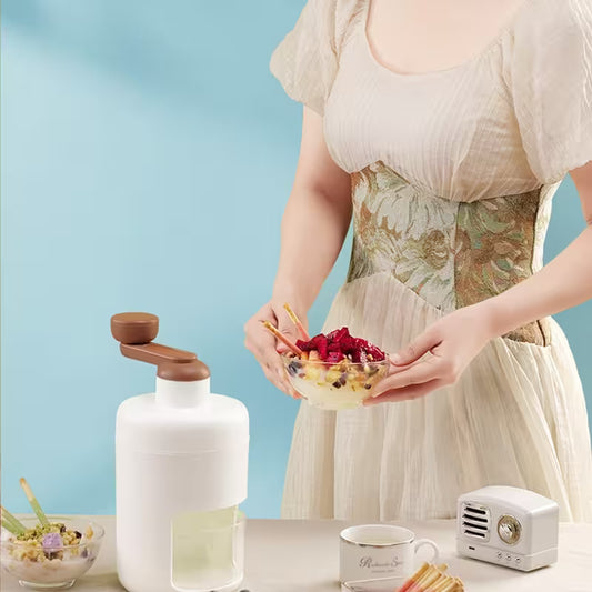 Person in a vintage-style dress holding a bowl of fruit next to a white bottle with a brown cap on a light blue background.