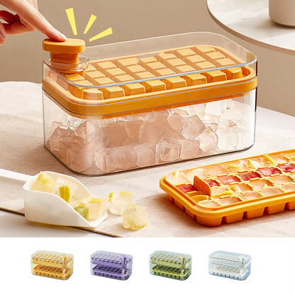 Ice cube tray with frozen cubes, a scoop, and additional empty trays on a light surface.