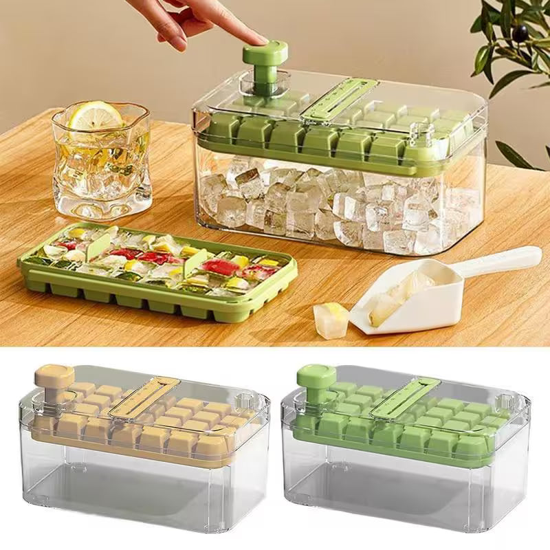 Ice cube tray with clear container, green lid, and yellow ice cube tray on a wooden surface.