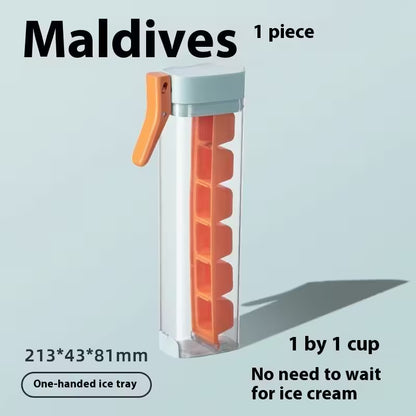 Ice cube tray with orange cubes on a light gray background, labeled 'Maldives'.