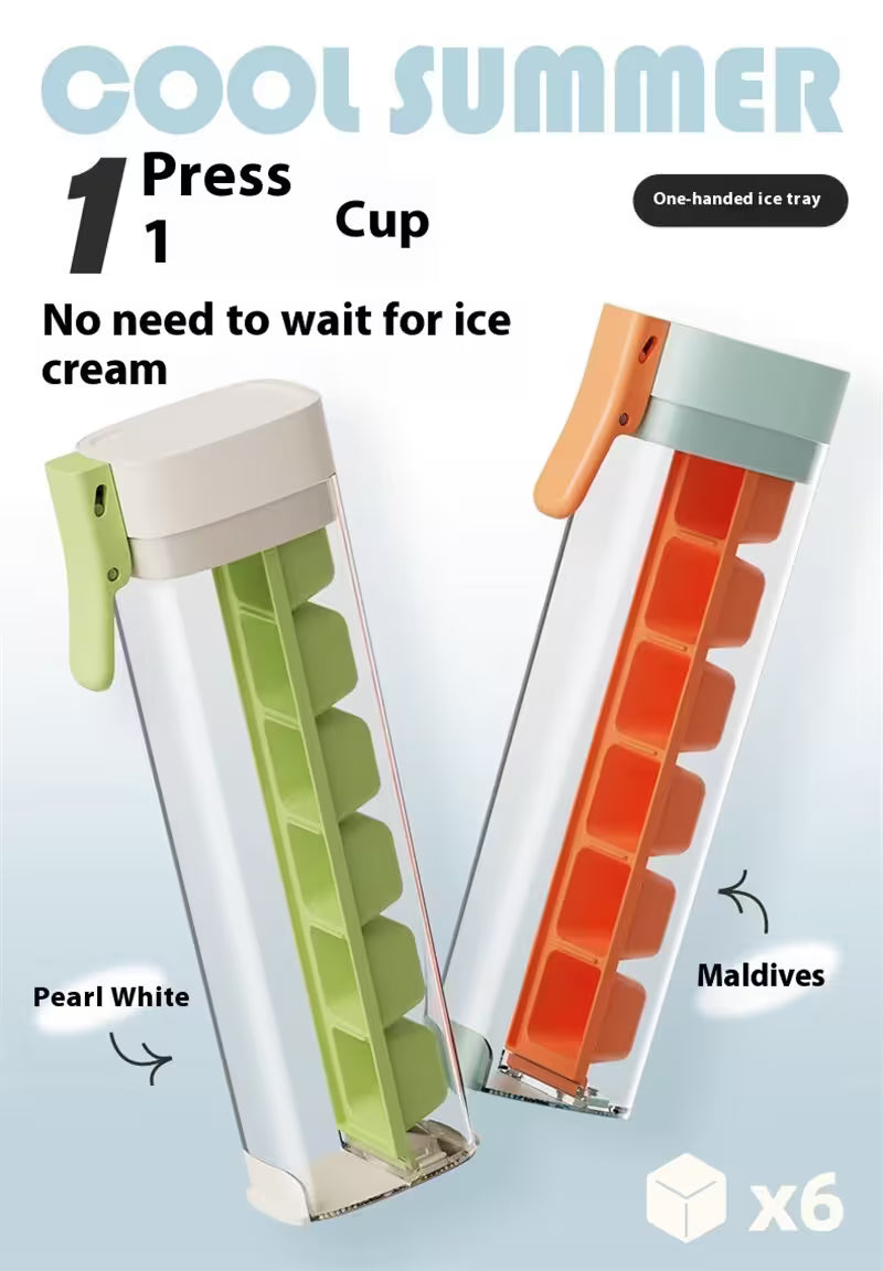 Two ice cube trays, one pearl white and one maldives, on a light blue background with text about their use.