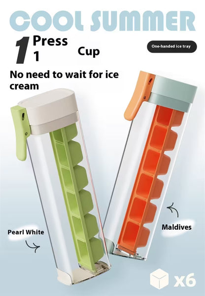 Two ice cube trays, one pearl white and one maldives, on a light blue background with text about their use.