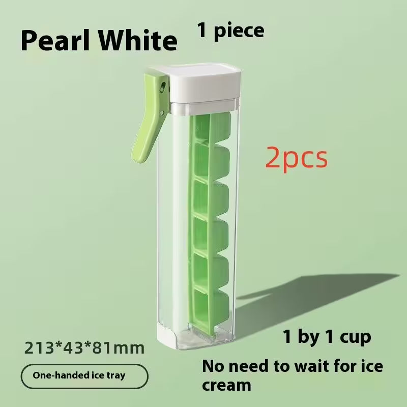 Green ice cube tray with text on a light green background