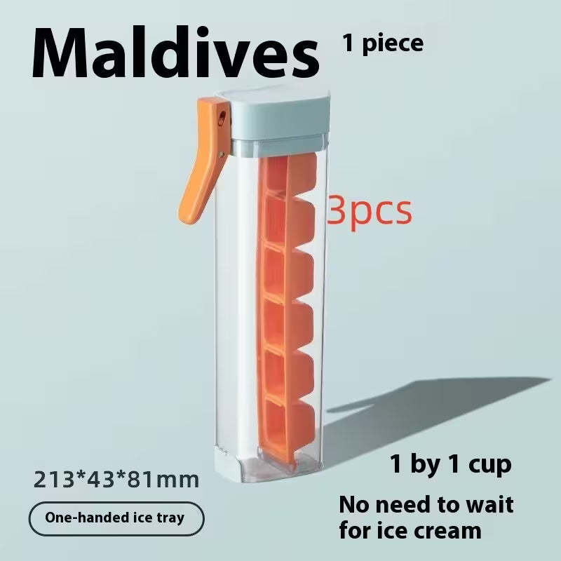 Ice cube tray with orange cubes on a light gray background, labeled 'Maldives' and '3 pcs'.