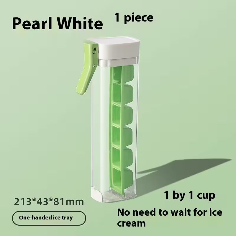 Green ice cube tray with white lid on a light green background