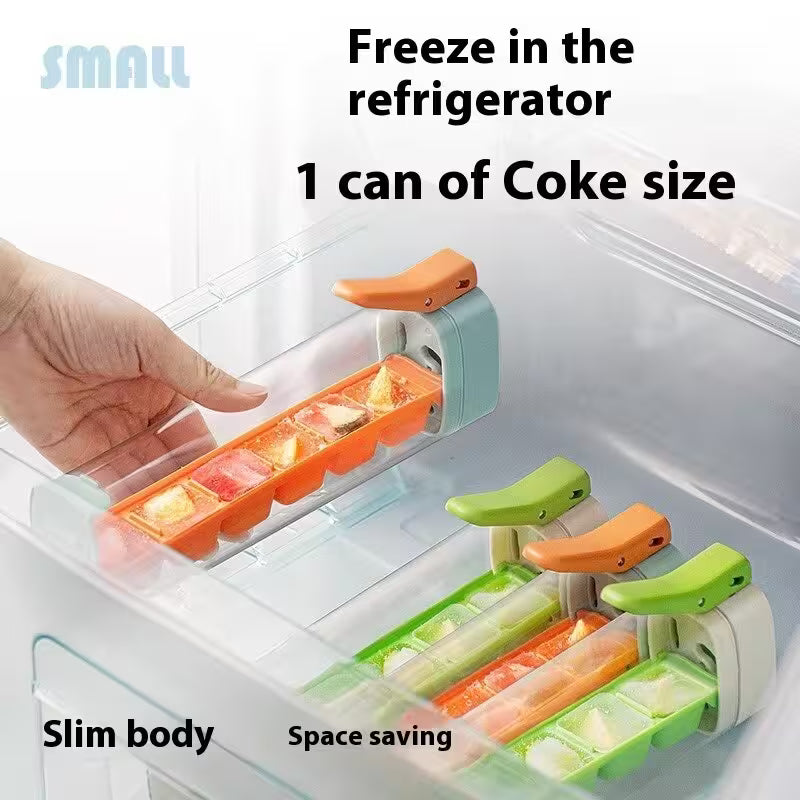 Ice cube tray with colorful ice cubes being placed into a refrigerator.