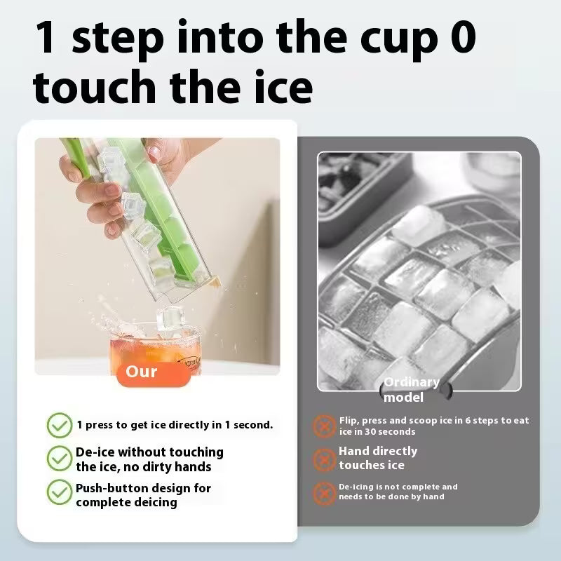 Product comparison between a modern ice cube tray and an ordinary model, with text indicating ease of use.