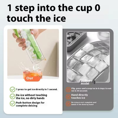 Product comparison between a modern ice cube tray and an ordinary model, with text indicating ease of use.