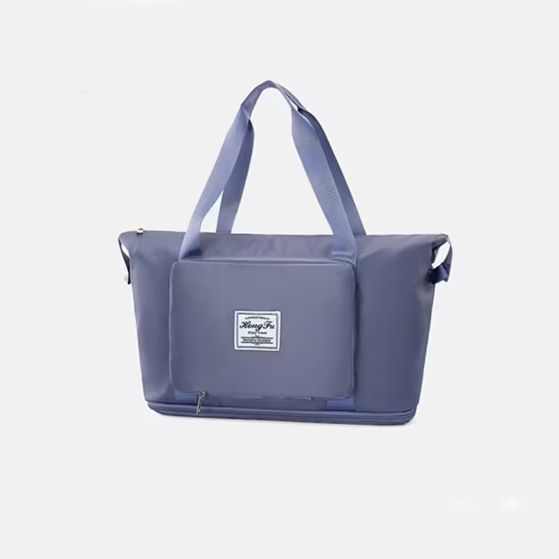 Purple tote bag with a visible brand logo on a light gray background