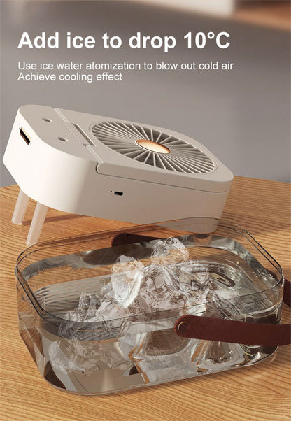 Portable air cooler with ice water atomization on a wooden surface