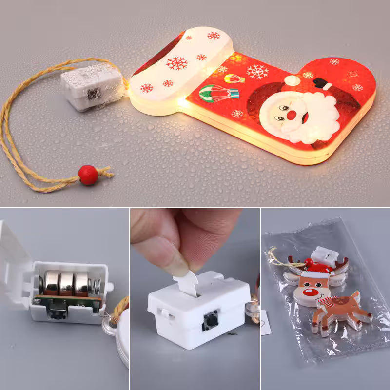 Decorative light-up keychain with Santa Claus design, showing close-ups of components and packaging.