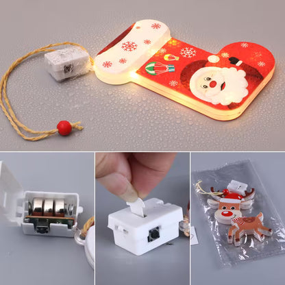 Decorative light-up keychain with Santa Claus design, showing close-ups of components and packaging.