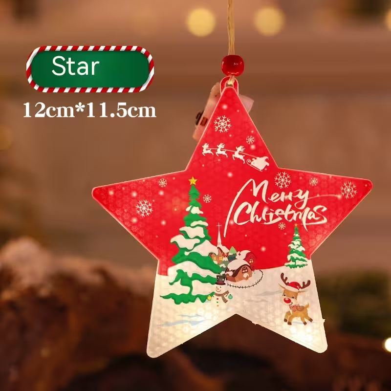 Red star-shaped Christmas ornament with festive designs and text, against a blurred background.