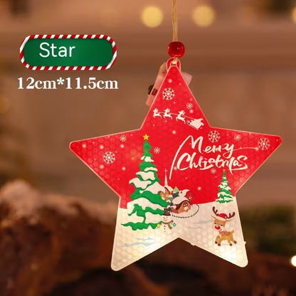 Red star-shaped Christmas ornament with festive designs and text, against a blurred background.