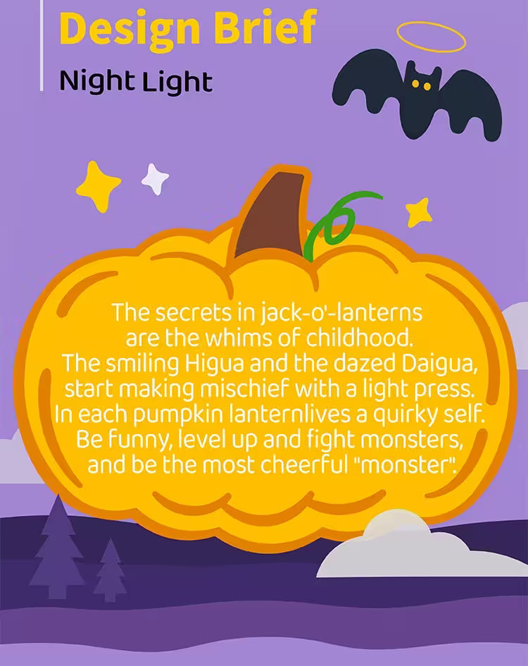 Halloween-themed night light design with a pumpkin, bat, and stars on a purple background.