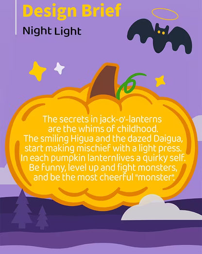 Halloween-themed night light design with a pumpkin, bat, and stars on a purple background.