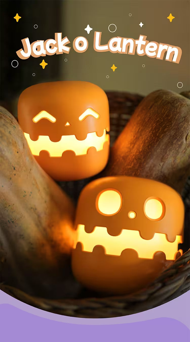 Two glowing jack-o'-lanterns in a basket with a dark background and 'Jack o' Lantern' text.