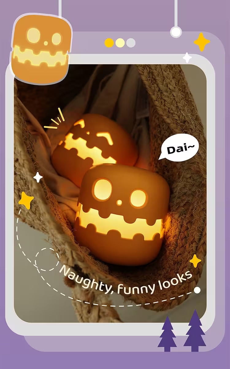 Two glowing carved pumpkins in a basket with Halloween-themed text and graphics on a purple background.