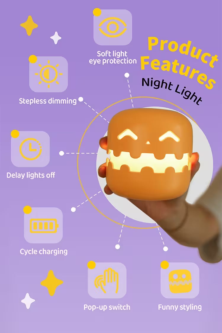 Product features of a night light with icons and text on a purple background