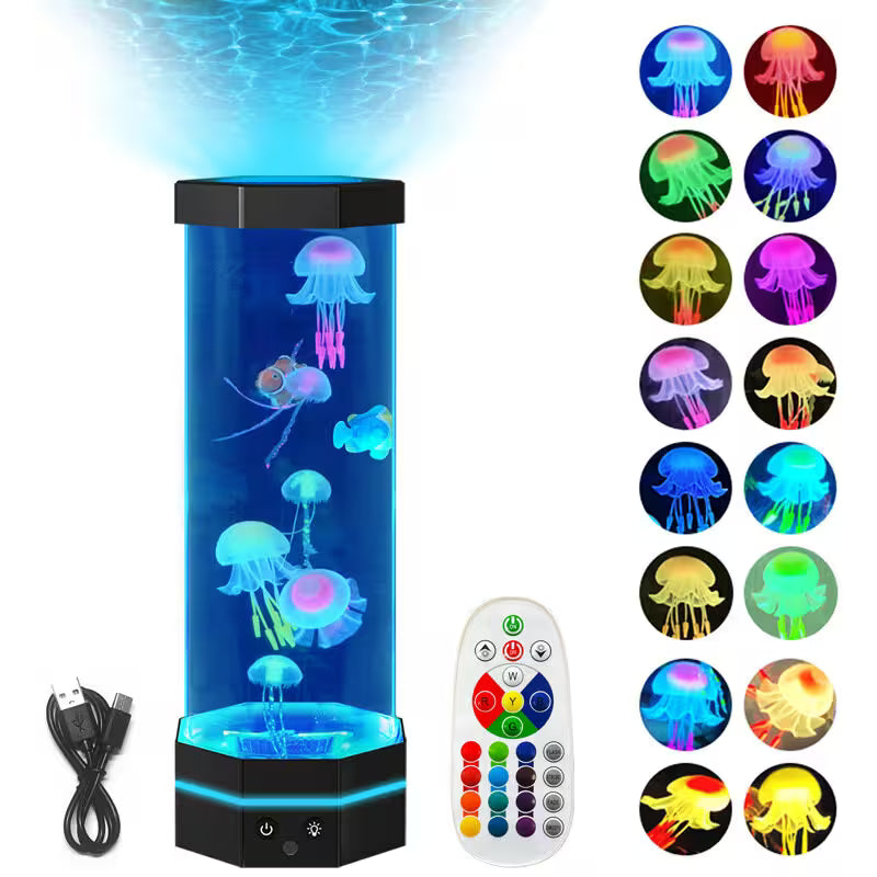 Colorful jellyfish lamp with remote control and LED lights on a white background