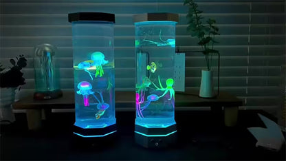 Two glowing aquariums with jellyfish and plants on a dark background