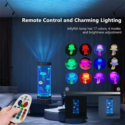 Jellyfish lamp with remote control and various color options in a dark room.