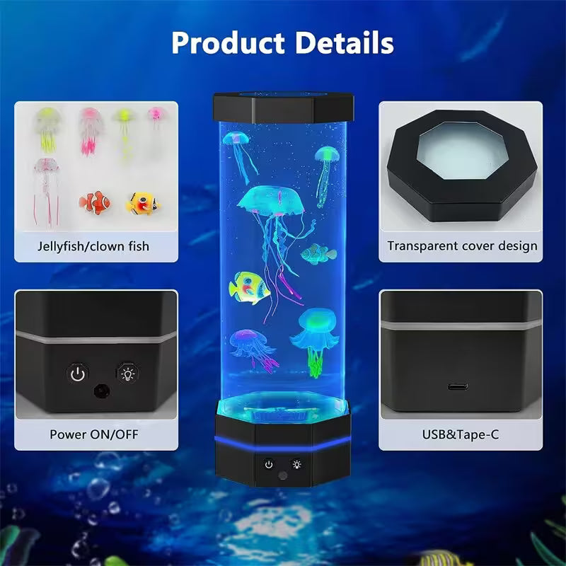 Product details of a jellyfish clown fish aquarium with power, USB, and tape-C features on a blue background.