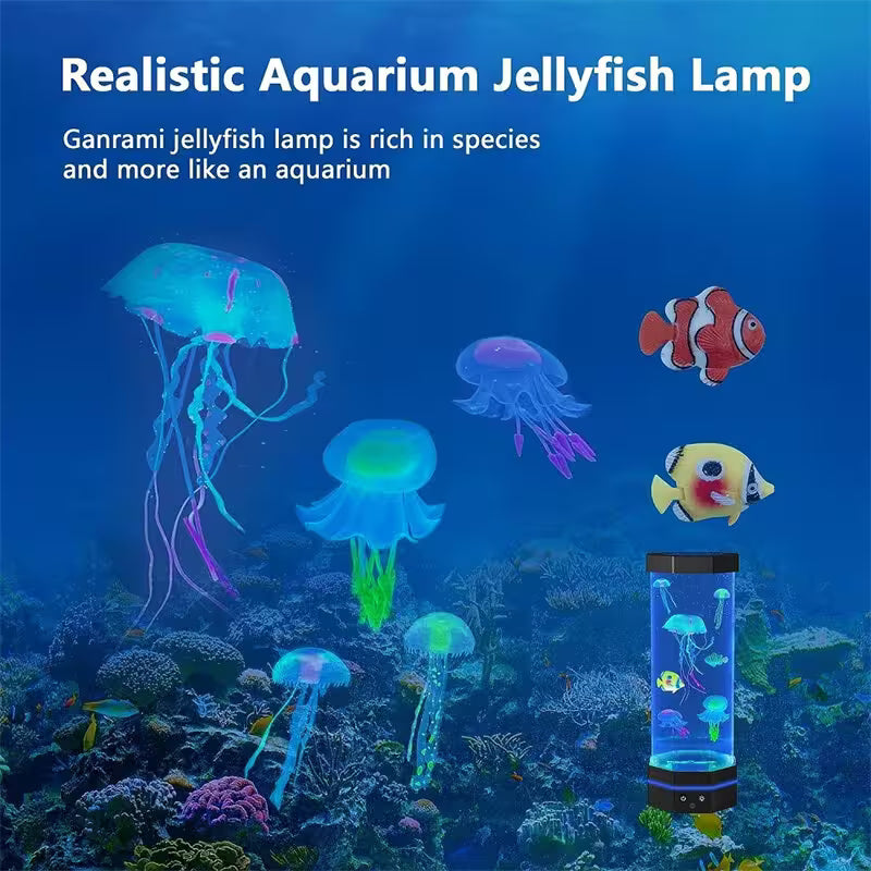 Realistic aquarium jellyfish lamp with jellyfish and fish on a blue underwater background