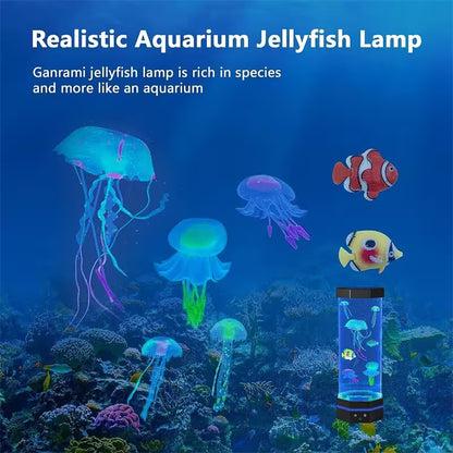 Realistic aquarium jellyfish lamp with jellyfish and fish on a blue underwater background