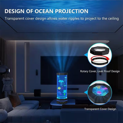 Ocean projection device in a living room with water ripples projected onto the ceiling.