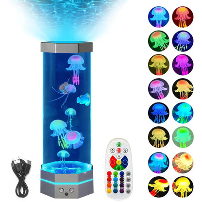 Colorful jellyfish lamp with remote control and LED color options on a white background