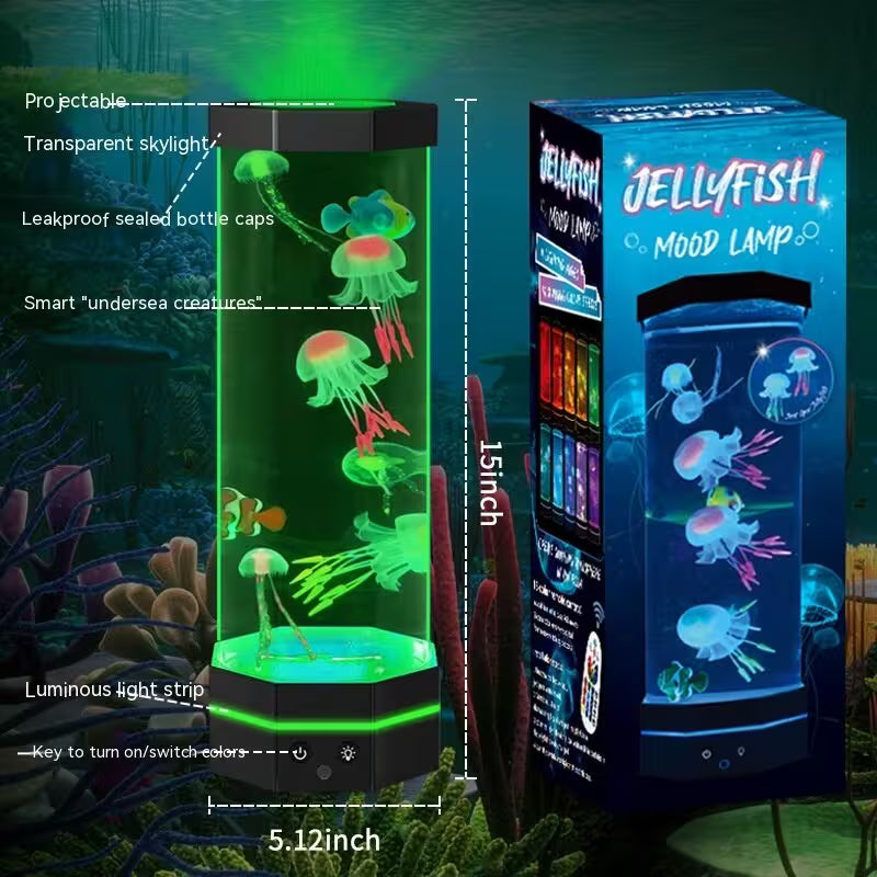 Jellyfish mood lamp with packaging and features highlighted