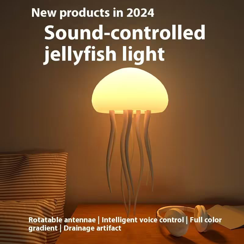Sound-controlled jellyfish light on a table with text about new products in 2024.