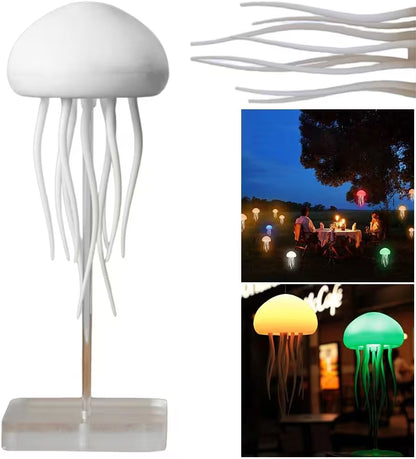 Jellyfish-shaped lamp with close-up of tentacles and outdoor setting with colorful jellyfish lights.