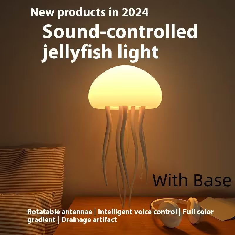 Sound-controlled jellyfish light with base in a room setting