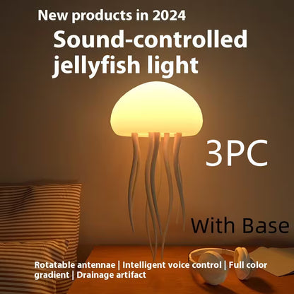 Sound-controlled jellyfish light with base on a wooden surface, text indicating new products in 2024.