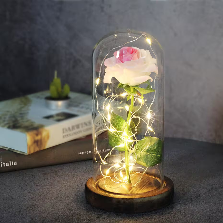 Rose in a glass dome with LED lights on a wooden base, placed on a surface with a book in the background.