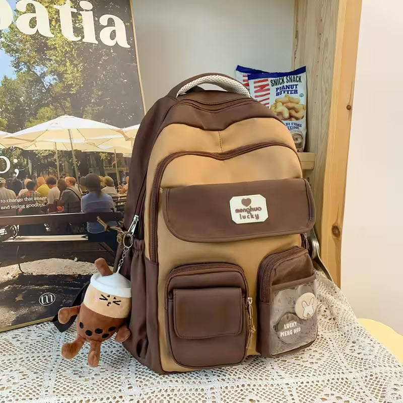 Brown Kawaii Girls Backpack With Pendant | Cute Rabbit Pin Multi-Pocket School Bag | 5 Colors | Campus & Daily Carry for Teens & Students