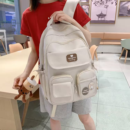 Kawaii Girls Backpack With Pendant | Cute Rabbit Pin Multi-Pocket School Bag | 5 Colors | Campus & Daily Carry for Teens & Students