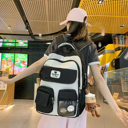 Kawaii Girls Backpack With Pendant | Cute Rabbit Pin Multi-Pocket School Bag | 5 Colors | Campus & Daily Carry for Teens & Students