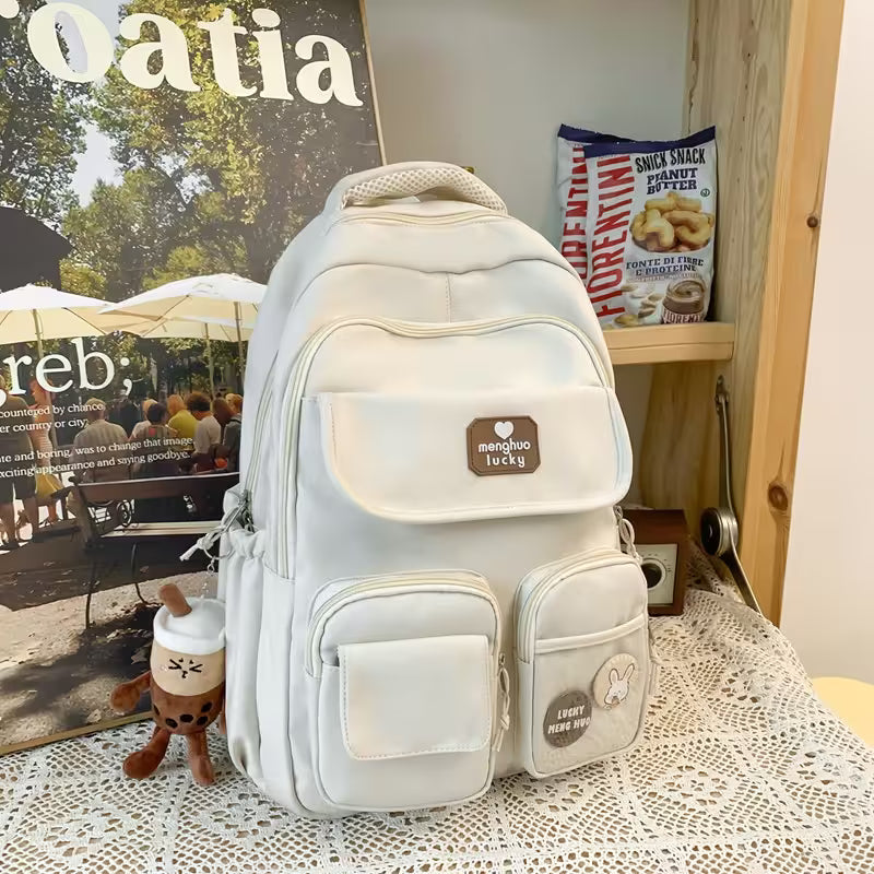 White Kawaii Girls Backpack With Pendant | Cute Rabbit Pin Multi-Pocket School Bag | 5 Colors | Campus & Daily Carry for Teens & Students