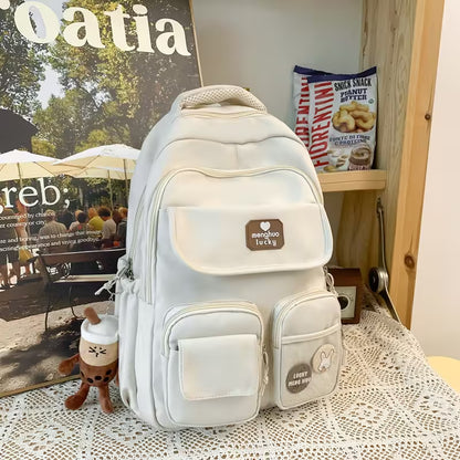 White Kawaii Girls Backpack With Pendant | Cute Rabbit Pin Multi-Pocket School Bag | 5 Colors | Campus & Daily Carry for Teens & Students