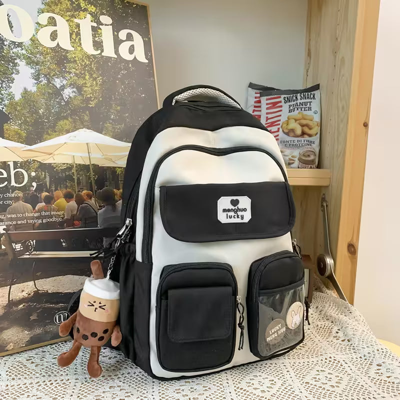 Black Kawaii Girls Backpack With Pendant | Cute Rabbit Pin Multi-Pocket School Bag | 5 Colors | Campus & Daily Carry for Teens & Students